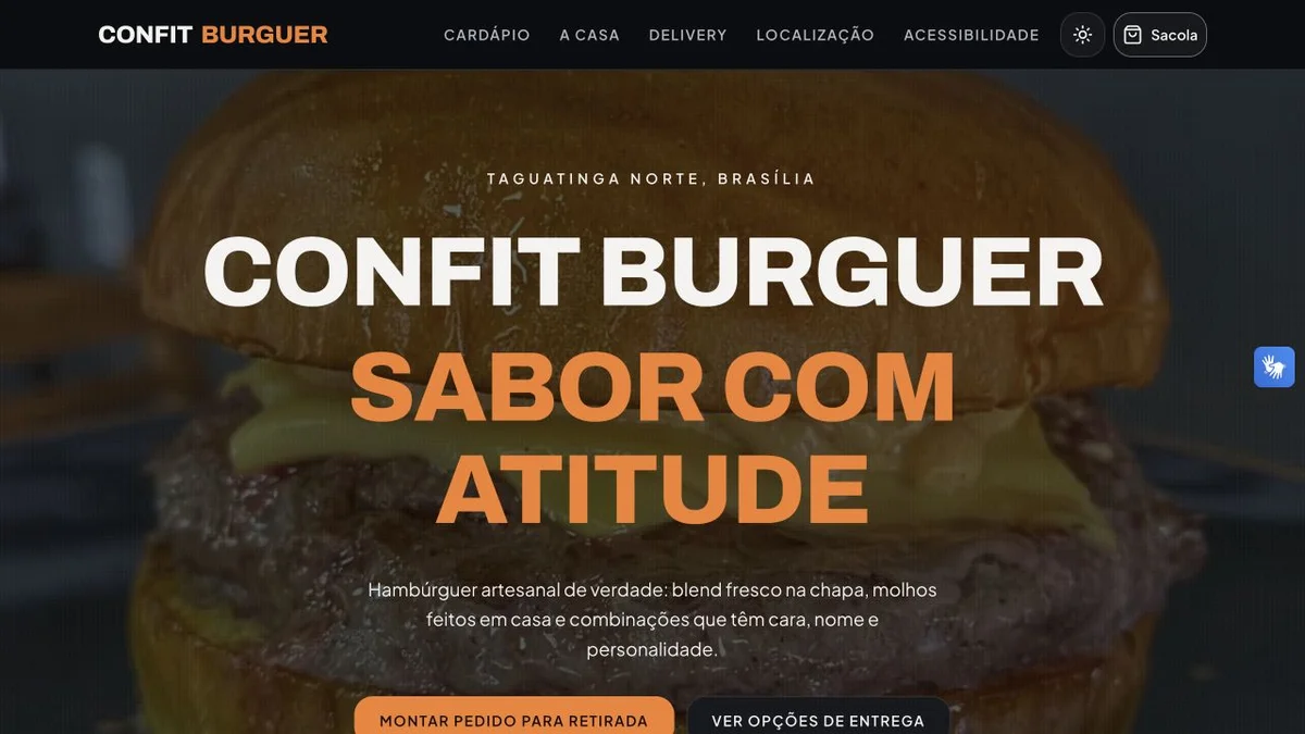 Página inicial do Confit Burguer, com hambúrguer em destaque e o título Sabor com atitude.