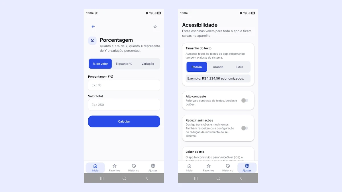 Telas do Kit Fácil Brasil com calculadora de porcentagem e opções de acessibilidade.