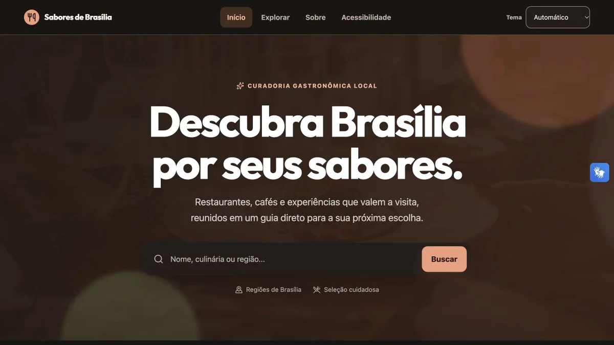 Página inicial do Sabores de Brasília, com busca de lugares por nome, culinária ou região.